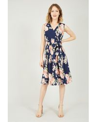 Yumi' - Rose Printed Wrap Over Sleeveless Skater Dress - Lyst