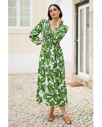 Yumi' - Abstract Print Ruched Midi Dress With Long Sleeves - Lyst
