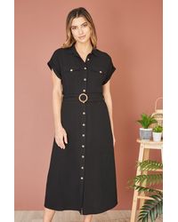 Yumi' - Viscose Linen Look Midi Shirt Dress With Wooden Belt - Lyst