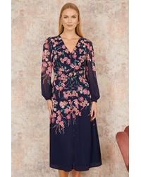 Yumi' - Button Up Midi Dress With Floral Placement And Long Sleeves - Lyst