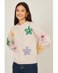 Yumi' - Oatmeal Relaxed Flower Embroidered Jumper - Lyst