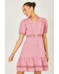 Yumi' - Cotton Lace Trim Skater Shirt Dress - Lyst