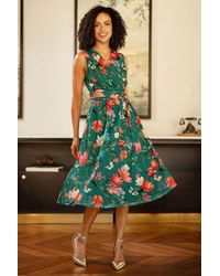 Yumi' - Blurred Floral Print Mesh Stretch Midi Dress With Pockets - Lyst