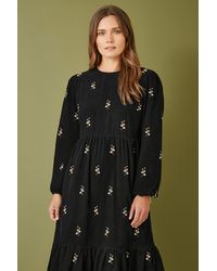 Yumi' - Long Sleeve Midi Dress With Floral Embroidery - Lyst