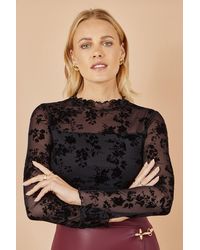 Yumi' - Flocked Floral Stretch Mesh Top With Long Sleeves - Lyst