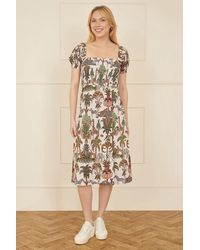 Yumi' - Cotton Safari Print Ruched Midi Dress - Lyst