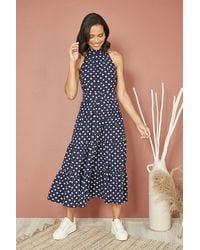 Yumi' - Spot Print Halter Midi Dress With Matching Belt - Lyst