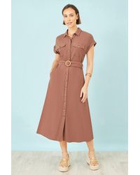 Yumi' - Viscose Linen Look Midi Shirt Dress With Wooden Belt - Lyst