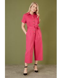 Yumi' - Viscose Twill Button Up Utility Style Jumpsuit - Lyst