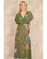 Yumi' - Bird And Floral Print Ruched Waist Kimono Midi Dress - Lyst
