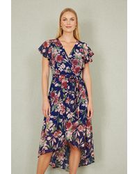 Yumi' - Floral Wrap Midi Dress With Frill Hem - Lyst