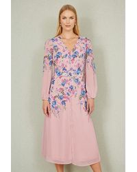 Yumi' - Floral Placement Button Down Midi Dress With Long Sleeves - Lyst