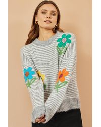 Yumi' - Striped Relaxed Fit Jumper With Flowers - Lyst