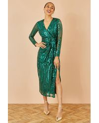 Yumi' - Sequin Midi Wrap Dress With Split Hemline And Long Sleeves - Lyst