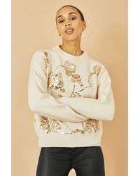Yumi' - Cream Relaxed Knitted Jumper With Sequin Detail - Lyst