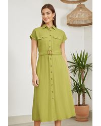 Yumi' - Viscose Linen Look Midi Shirt Dress With Wooden Belt - Lyst