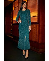 Yumi' - Mesh Fitted Ruched Midi Dress With Long Sleeves - Lyst