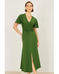 Yumi' - Ruched Front Stretch Midi Dress - Lyst