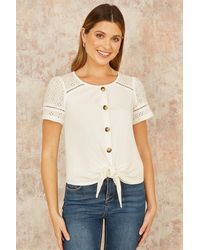 Yumi' - Jersey Button Detail T-Shirt With Broderie Anglaise Sleeves And Tie Front - Lyst