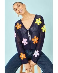 Yumi' - Tie Front Cardigan With Flower Design - Lyst