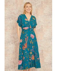 Yumi' - Bird And Floral Print Ruched Waist Kimono Midi Dress - Lyst