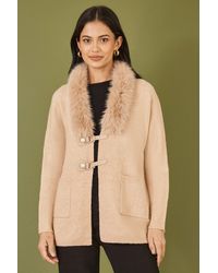 Yumi' - Oatmeal Cardigan With Detachable Fur Collar Trim - Lyst