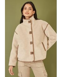 Yumi' - Borg High Neck Jacket With Faux Leather Trims - Lyst