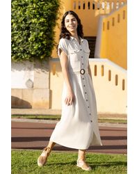 Yumi' - Stone Viscose Linen Look Midi Shirt Dress With Wooden Belt - Lyst