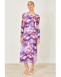 Yumi' - Floral Mesh Midi Dress With Tie Back - Lyst
