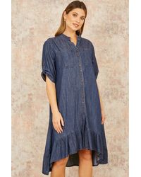 Yumi' - Chambray Denim Dip Hem Relaxed Fit Shirt Dress - Lyst