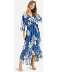 Yumi' - Floral Kimono Sleeves Dip Hem Wrap Midi Dress - Lyst