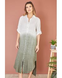 Yumi' - Italian Linen Hand Dip Dyed Midi Shirt Dress With Turn Up Sleeves - Lyst