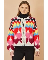 Yumi' - Multicolour Tie Front Heart Intarsia Cardigan - Lyst