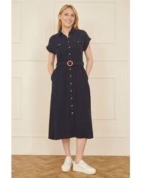 Yumi' - Viscose Linen Look Midi Shirt Dress With Wooden Belt - Lyst