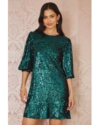 Yumi' - Sequin Balloon Sleeve Tunic Mini Dress - Lyst