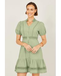 Yumi' - Cotton Lace Trim Skater Shirt Dress - Lyst