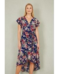 Yumi' - Floral Wrap Midi Dress With Frill Hem - Lyst