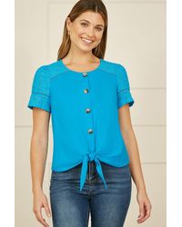 Yumi' - Jersey Button Detail T-Shirt With Broderie Anglaise Sleeves And Tie Front - Lyst