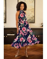 Yumi' - Floral Halter Neck Midi Dress With Matching Belt - Lyst