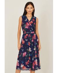 Yumi' - Blurred Floral Print Mesh Stretch Midi Dress With Pockets - Lyst