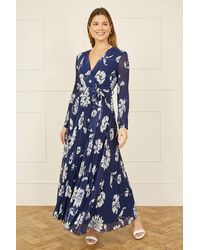 Yumi' - Floral Pleated Midi Wrap Long Sleeve Dress - Lyst