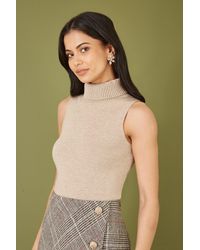 Yumi' - Oatmeal Knitted Roll Neck Sleeveless Jumper - Lyst