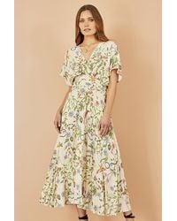 Yumi' - Ivory Floral Print Ruched Waist Midi Dress With Kimono Sleeves - Lyst