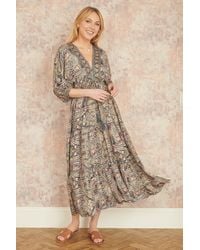 Yumi' - Multicolour Paisley Print Midi Kimono Dress With Tie Back - Lyst