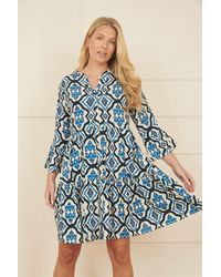 Yumi' - Viscose Ikat Print 3/4 Sleeve Tunic Dress - Lyst