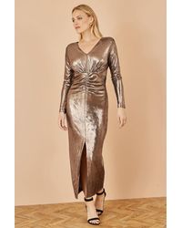 Yumi' - Metallic Stretch Ruched Maxi Dress With Long Sleeves And Split Hemline - Lyst