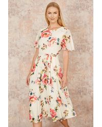 Yumi' - Mesh Floral Print Midi Dress With Angel Sleeves - Lyst