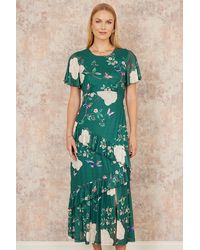 Yumi' - Mesh Bird And Floral Print Midi Dress With Ruffles - Lyst