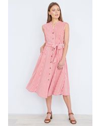 Yumi' - Stripe Midi Sleeveless Shirt Dress - Lyst