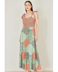 Yumi' - Multicolour Patchwork Ruched Smocked Maxi Sundress - Lyst